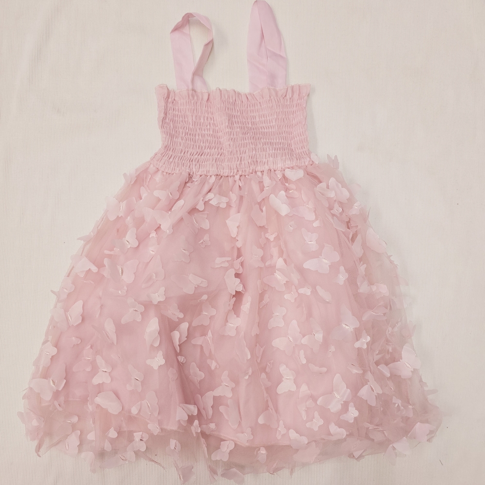 Girls Sleeveless Smocked 3D Butterfly Tulle Dress, Light Pink - (5T)